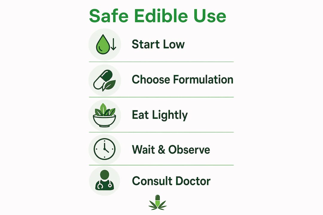 Infographic on safe cannabis edible use steps for ulcer patients