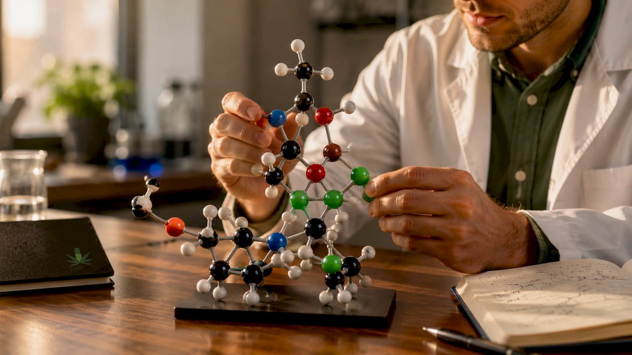 Hands holding cannabinoid receptor molecular model