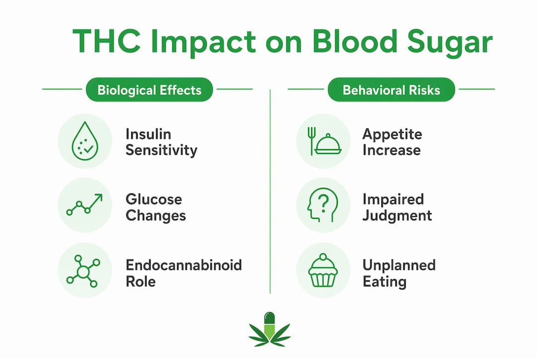 Infographic comparing biological effects and behavioral risks of THC on blood sugar