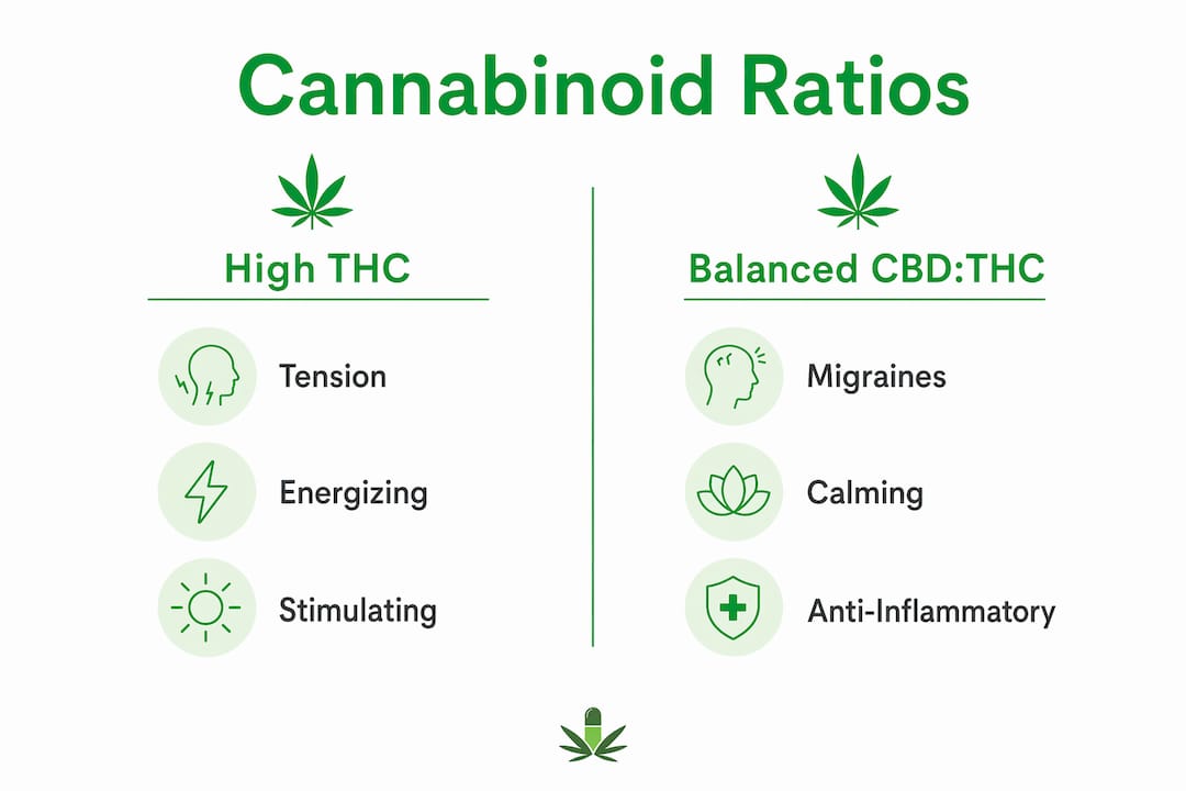 Infographic comparing cannabinoid ratios for headache types