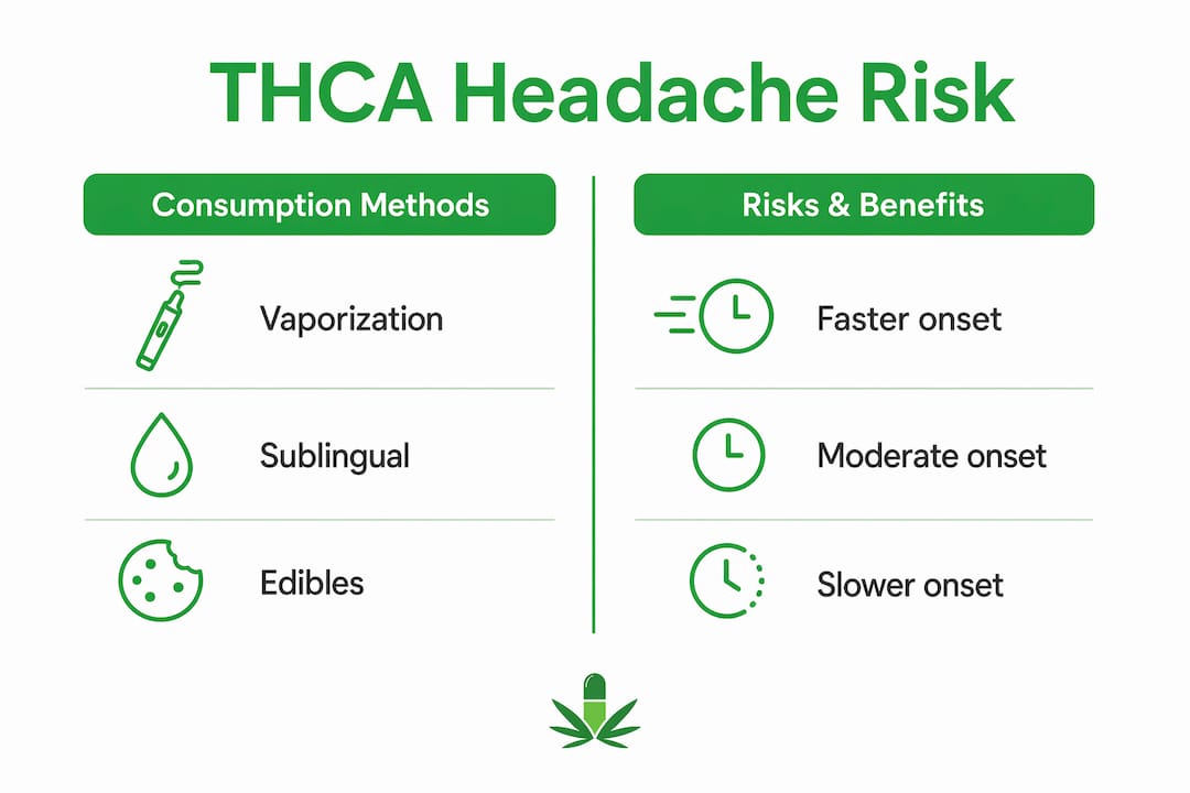 Infographic comparing THCA consumption methods and headache risks