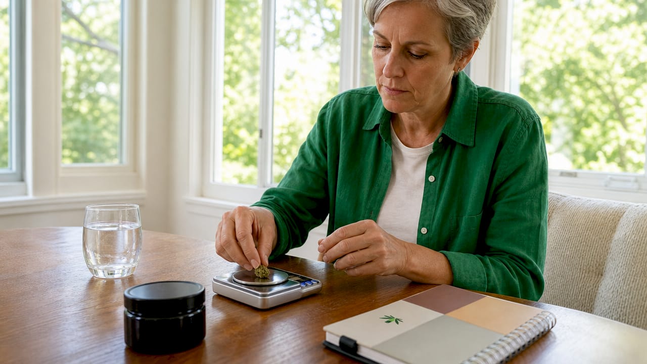 Person measuring cannabis edible dose at home