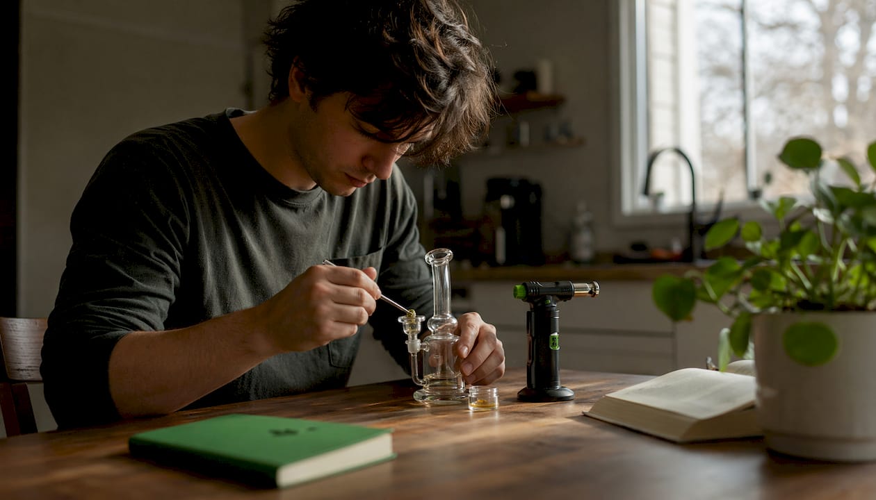 Young adult preparing dab at home with rig and torch