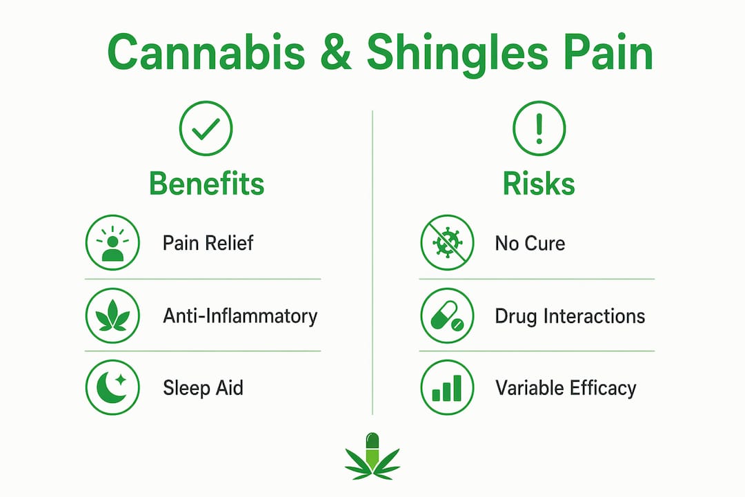 Infographic comparing cannabis benefits and risks for shingles pain
