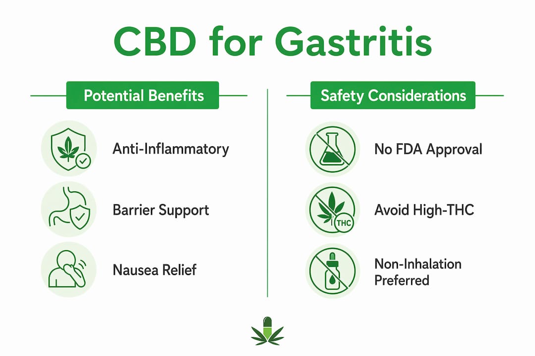 Infographic comparing CBD benefits and safety for gastritis