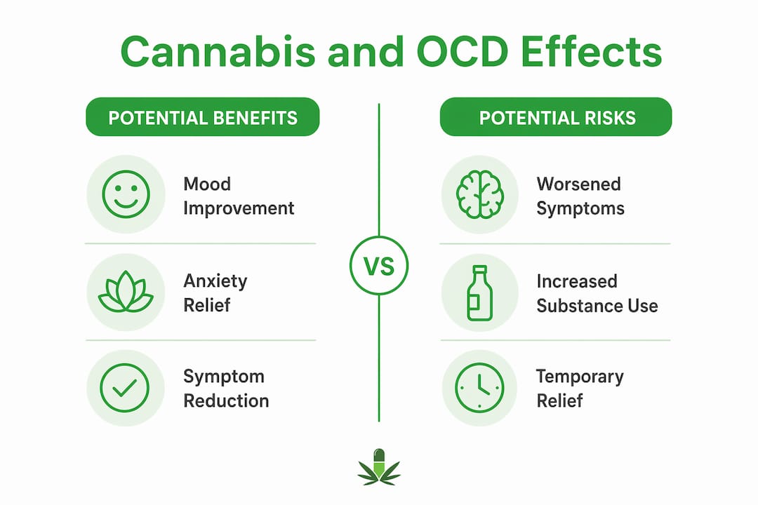 Infographic comparing cannabis benefits and risks for OCD