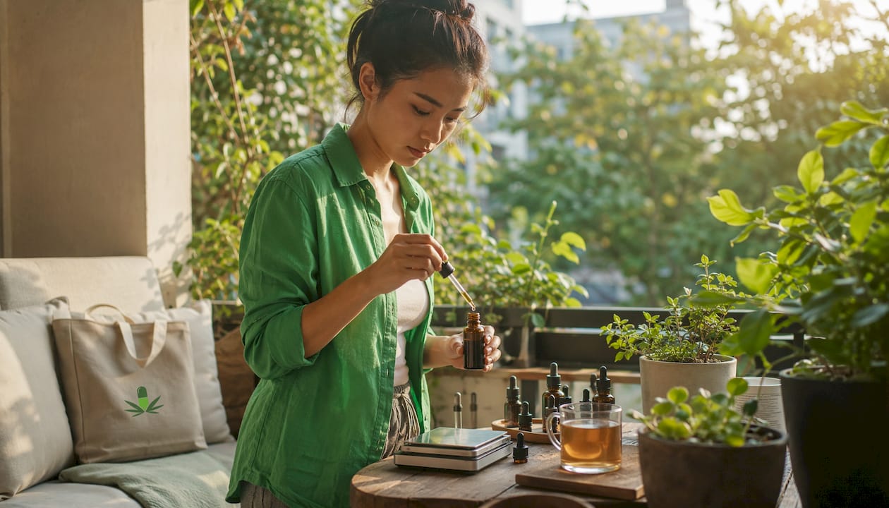 Woman preparing cannabis tincture dosage