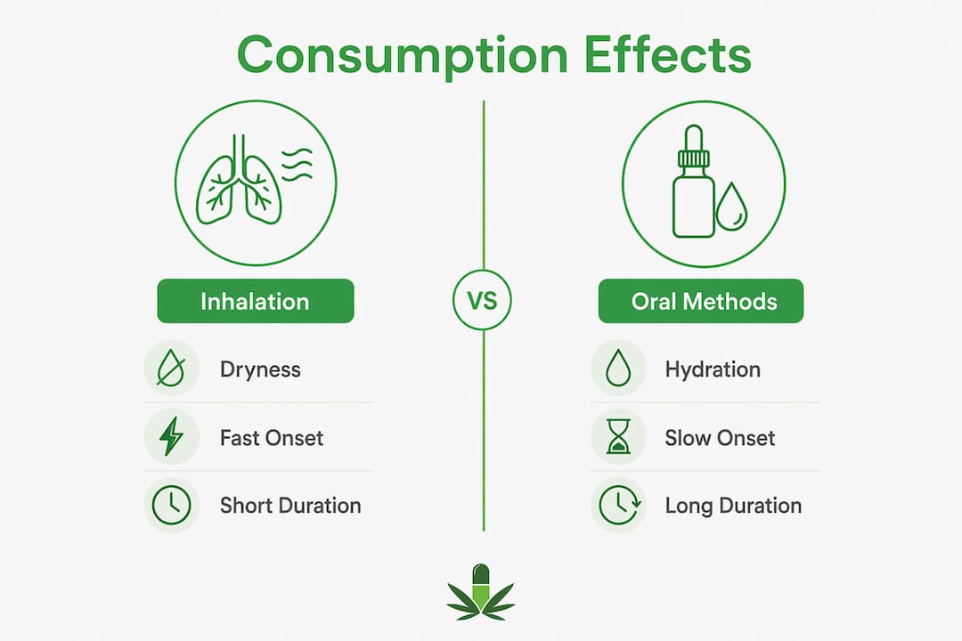 Infographic comparing inhalation and oral cannabis effects