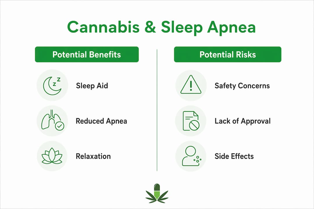 Infographic showing potential benefits and risks of cannabis for sleep apnea