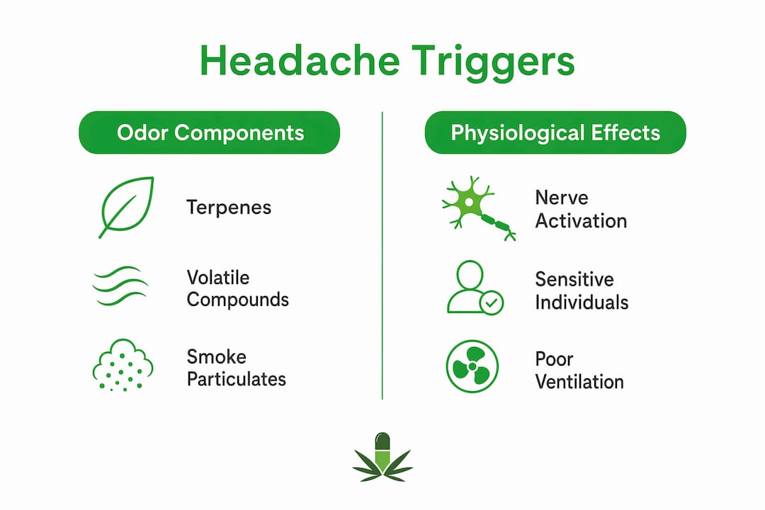 Infographic showing cannabis odor and headache trigger pathways