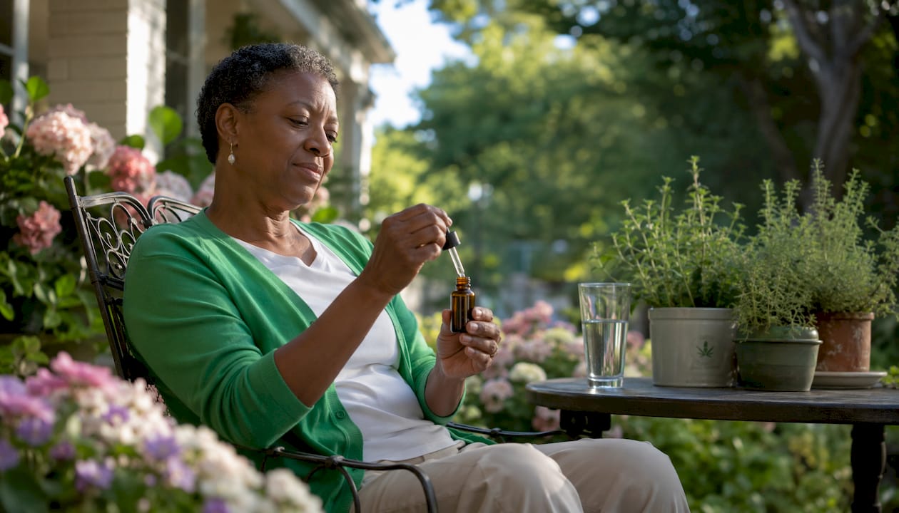 Woman at home using cannabis tincture for pain relief
