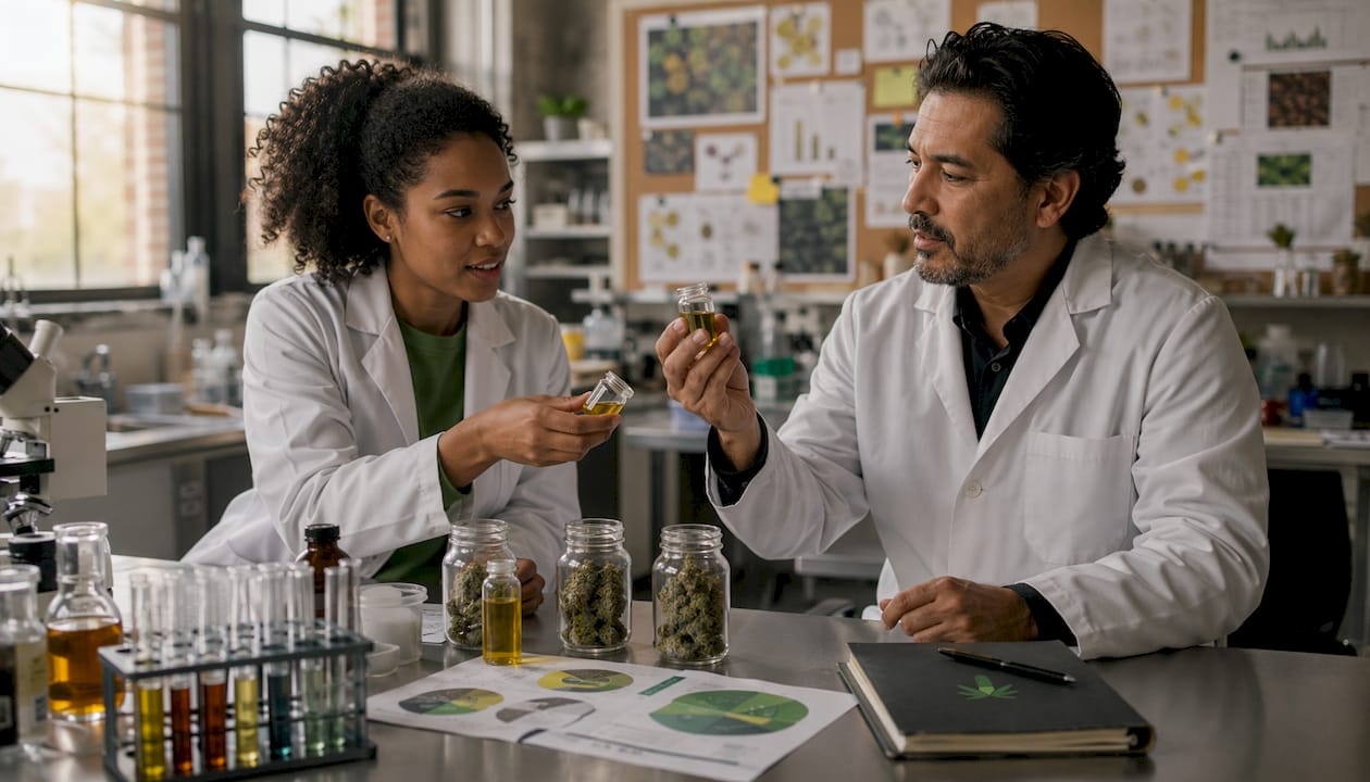Hands of researcher with pipette and cannabis lab bottles