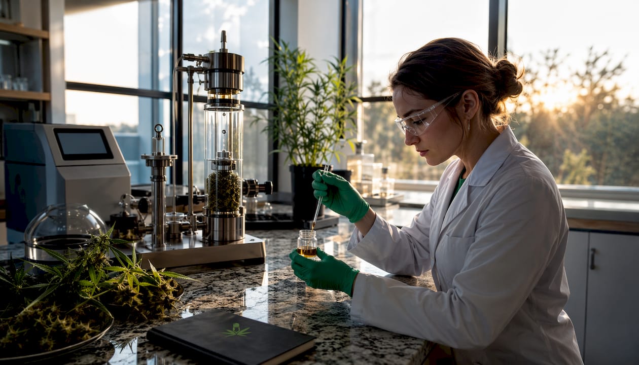 Scientist processing raw hemp extract in lab