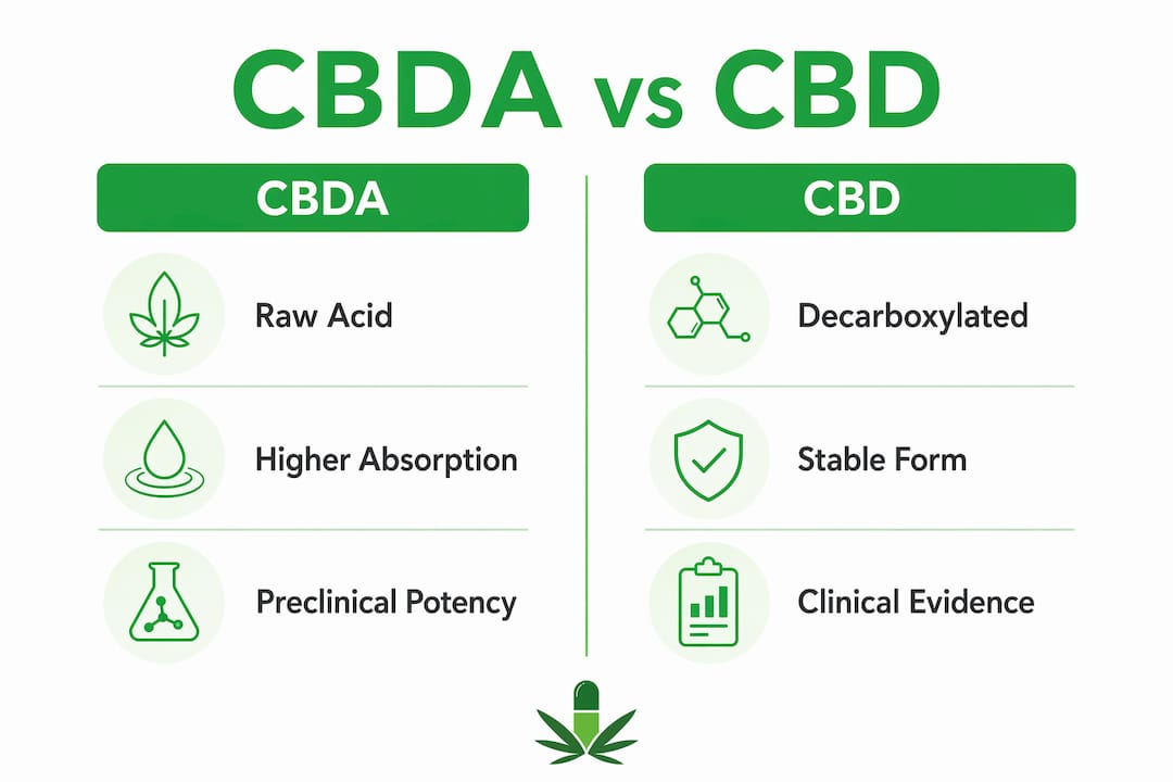 Infographic comparing CBDA and CBD key features