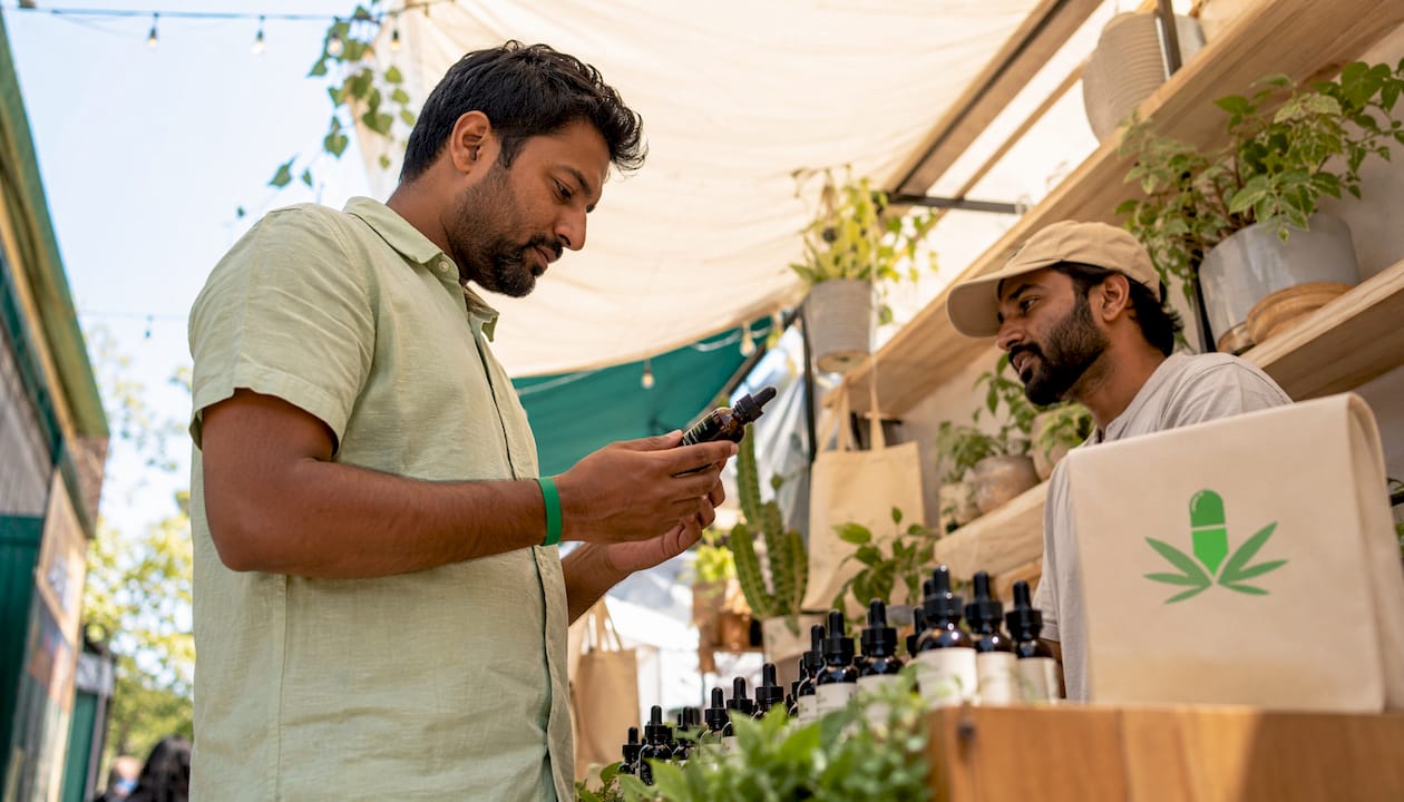 Shopper inspecting cannabinoid products for pain relief