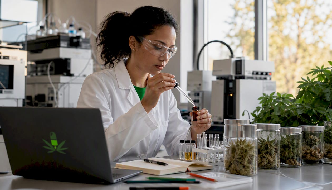 Scientist pipetting cannabis terpene oil