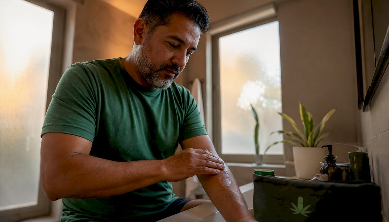 Man applying terpene topical balm at home