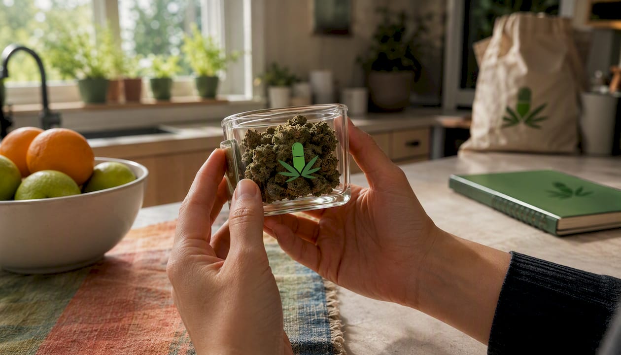 Hands holding cannabis container with dried ACDC buds