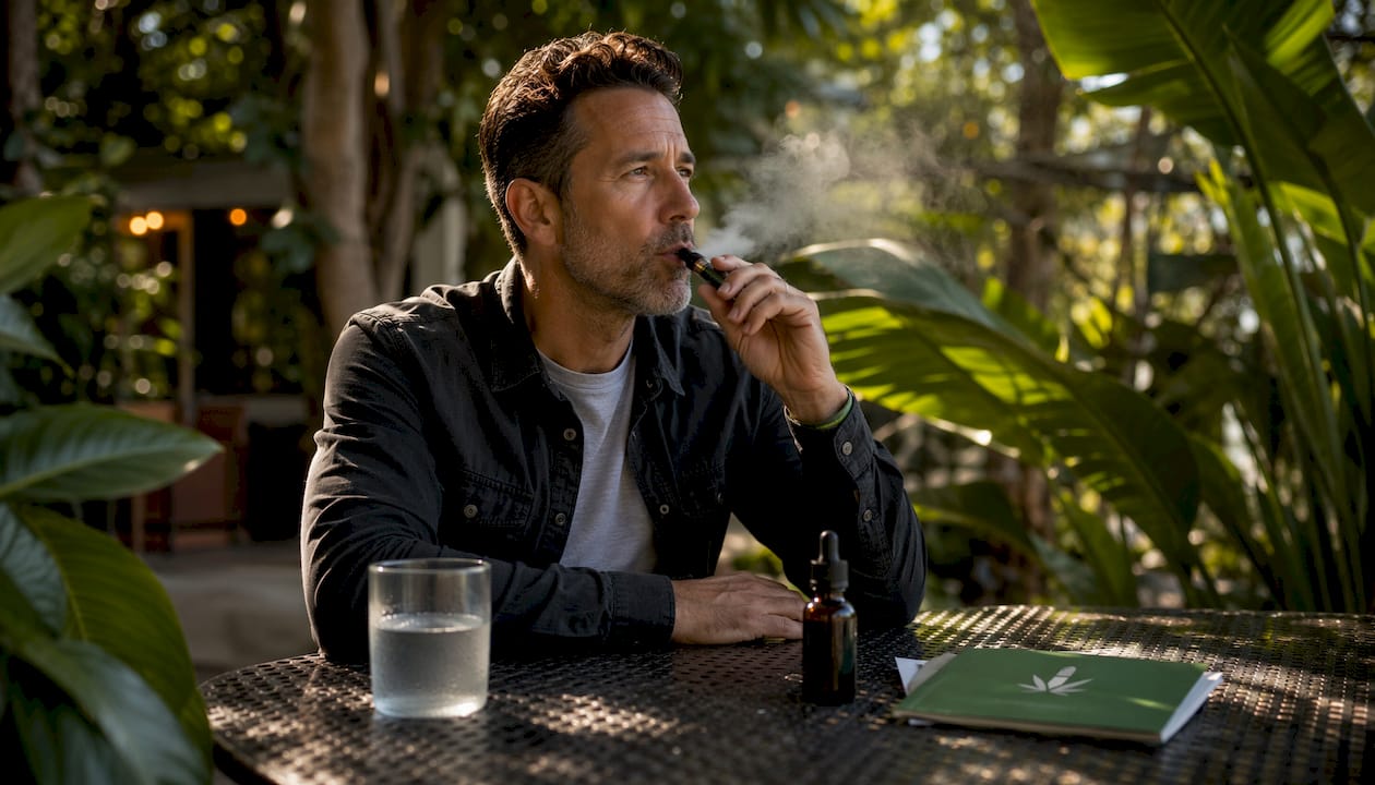 Man using vape pen for migraine relief indoors