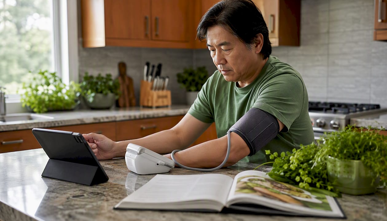 Person measuring blood pressure at home