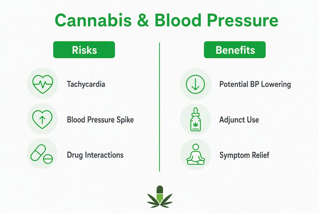 Infographic comparing cannabis effects on blood pressure risks and benefits