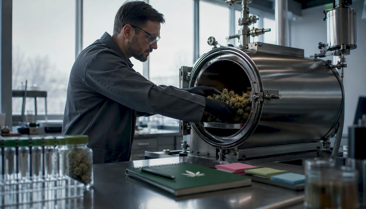 Technician preparing live resin extraction in lab
