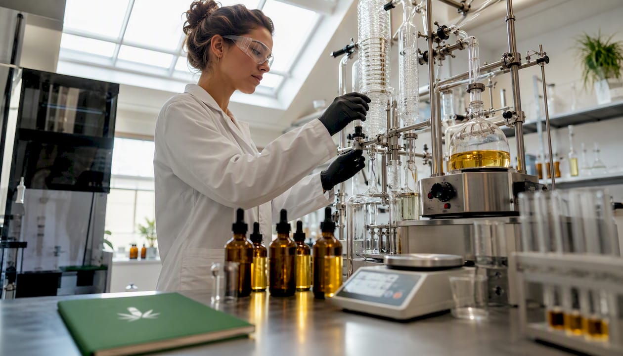 Technician refining cannabis distillate in lab