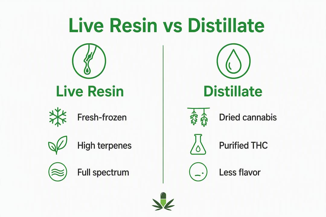 Infographic comparing live resin and distillate key features