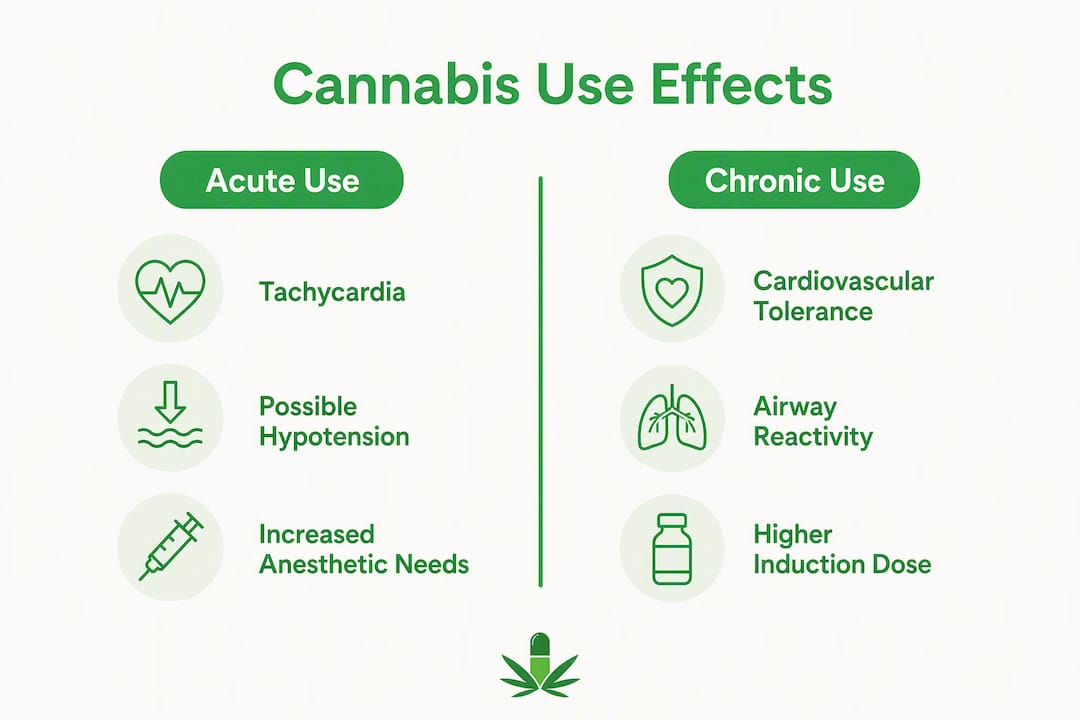 Infographic comparing acute vs chronic cannabis effects in anesthesia