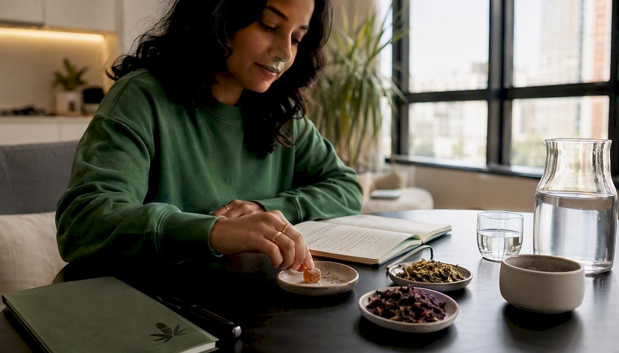 Person picking up low-dose cannabis gummy