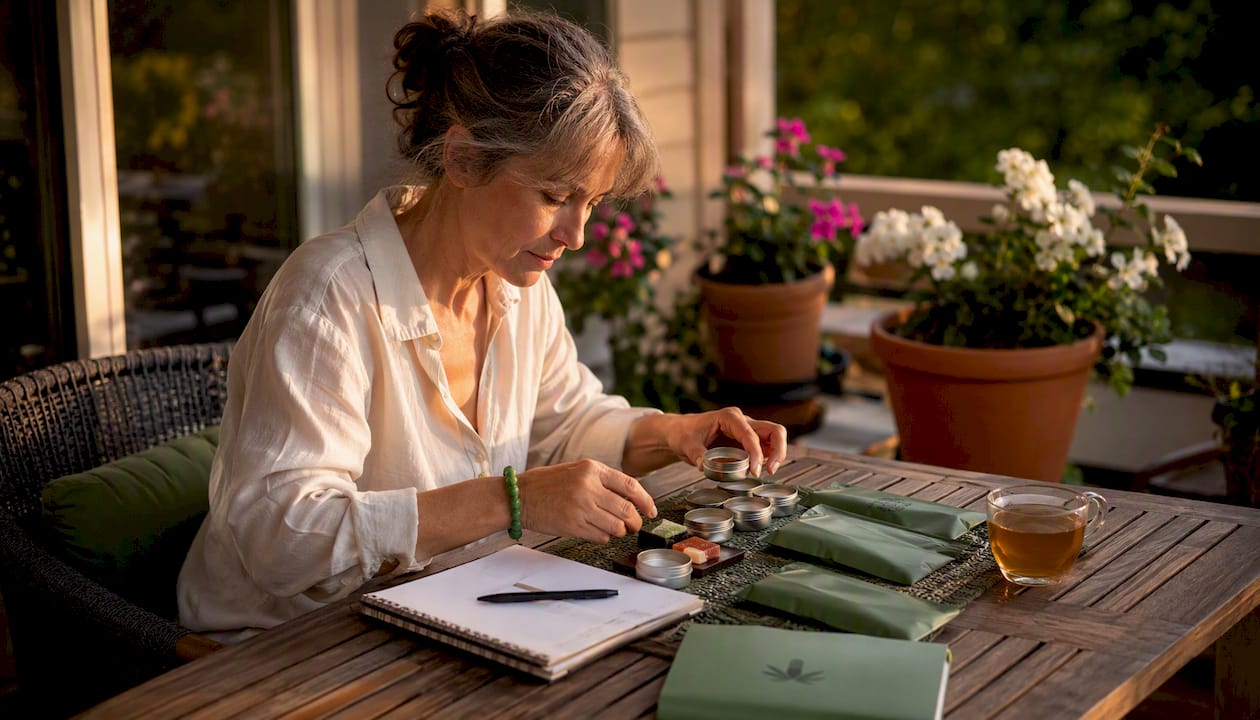 Person reviewing microdose edible products at desk
