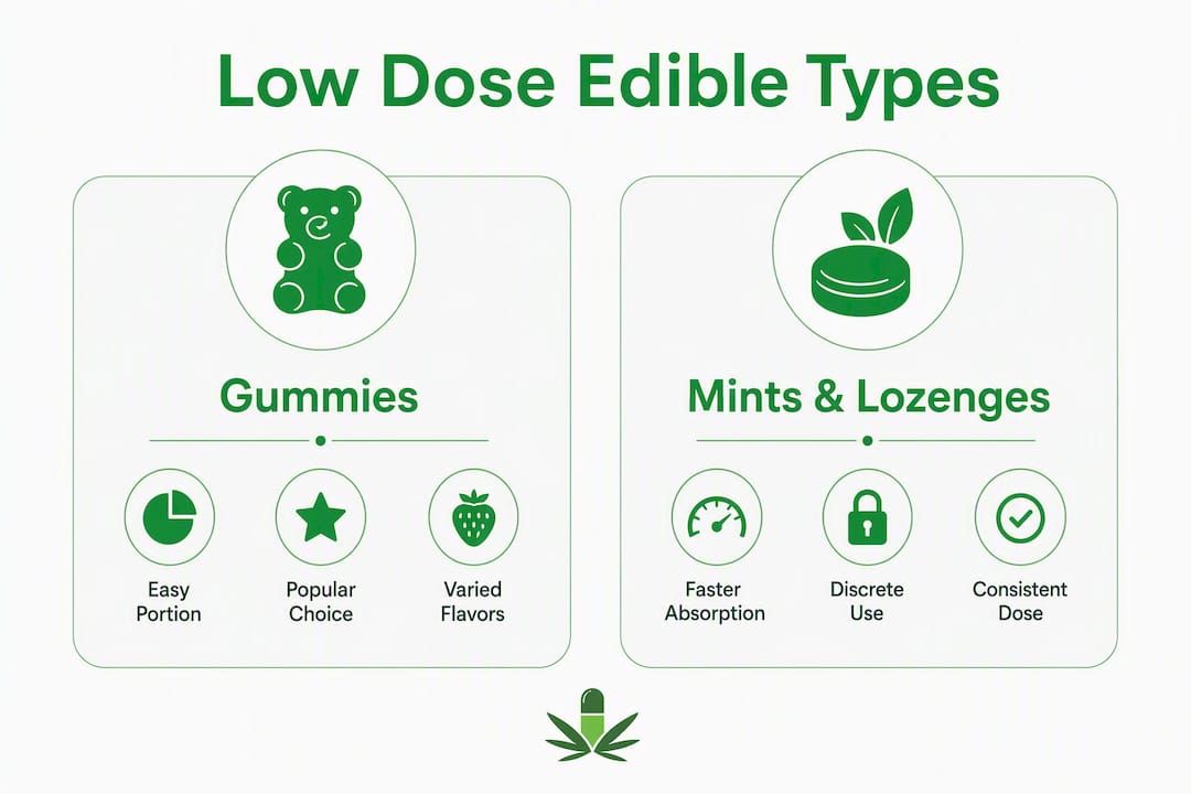 Infographic comparing gummies and mints for low dose edibles