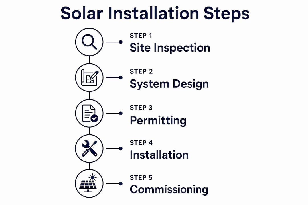 Infographic illustrating 5 steps of solar installation process in South Africa