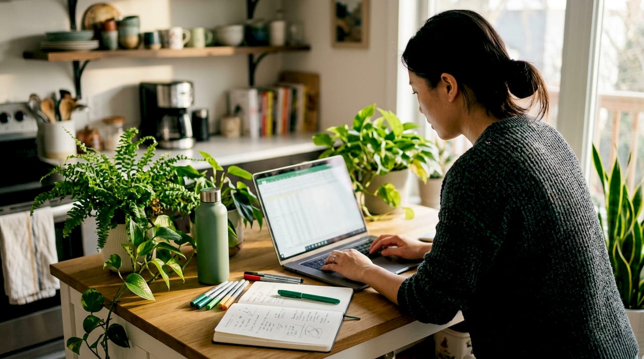 Woman typing Excel formulas at home office desk