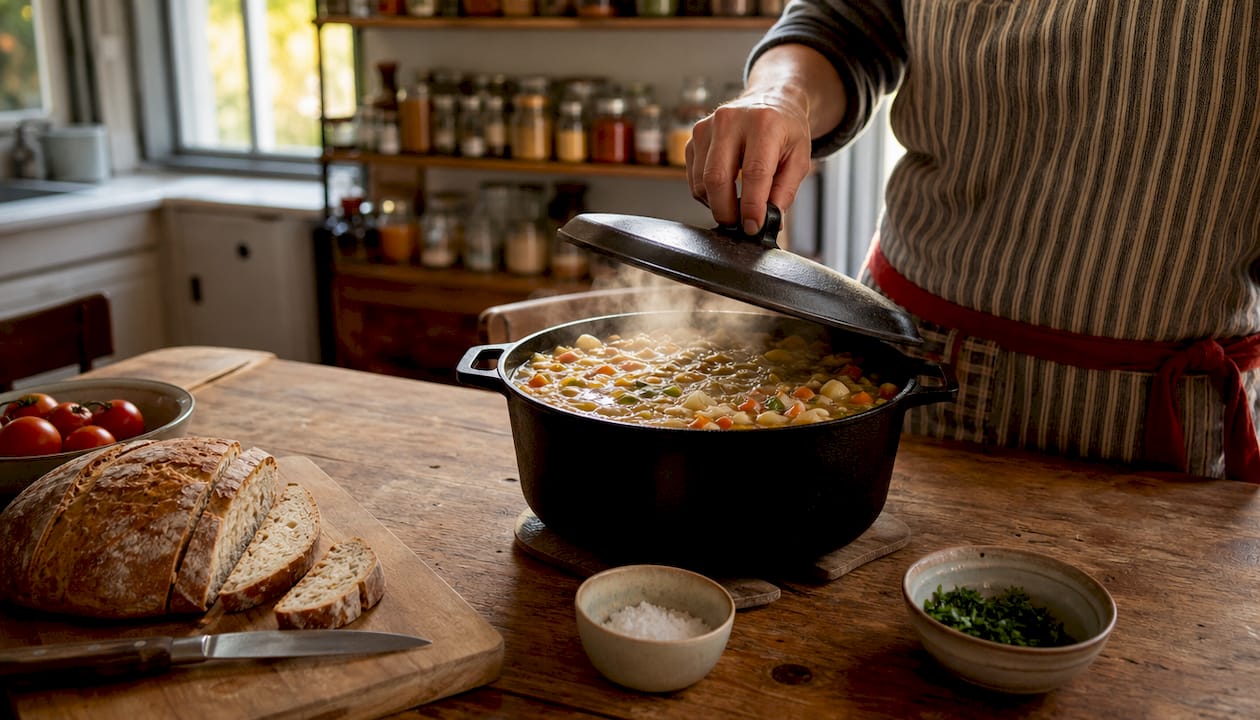 Hands stirring one-pot meal on stove