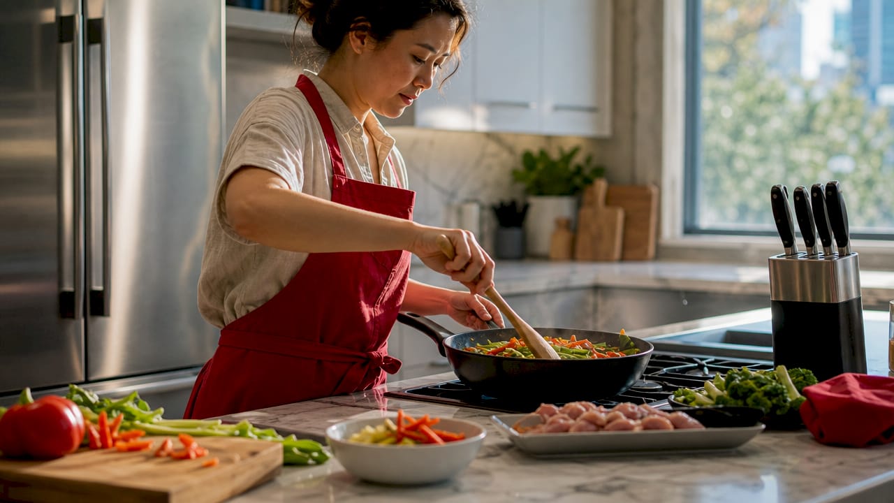Woman preparing easy quick dinner in kitchen