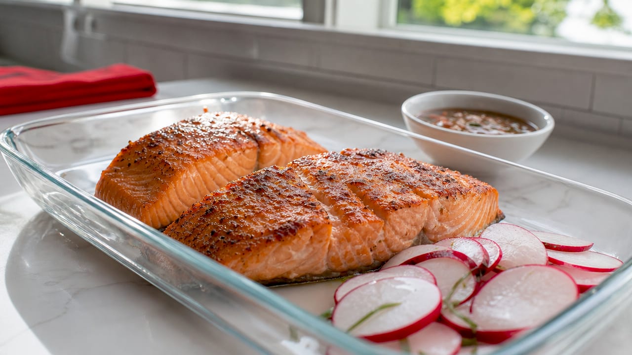 Close-up of crispy air fryer salmon fillets