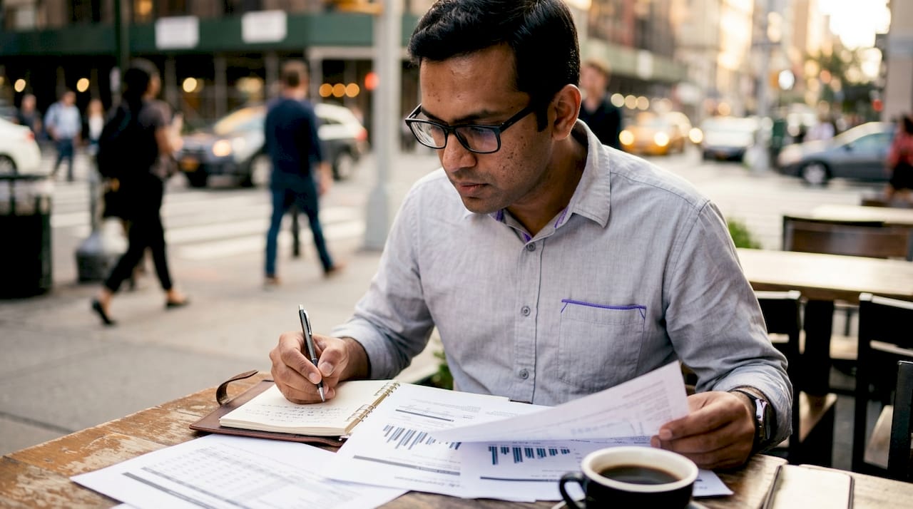 Man reviewing Amazon salary documents at desk