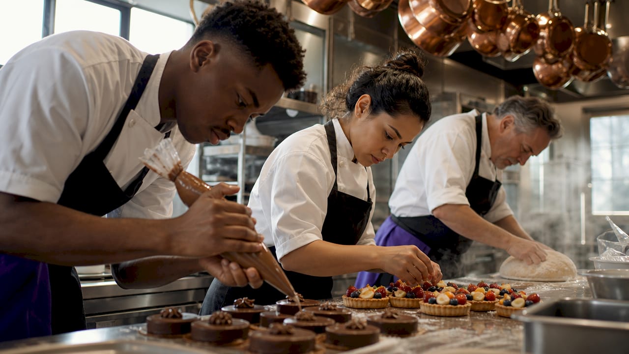 Team of diverse pastry chefs actively working in kitchen