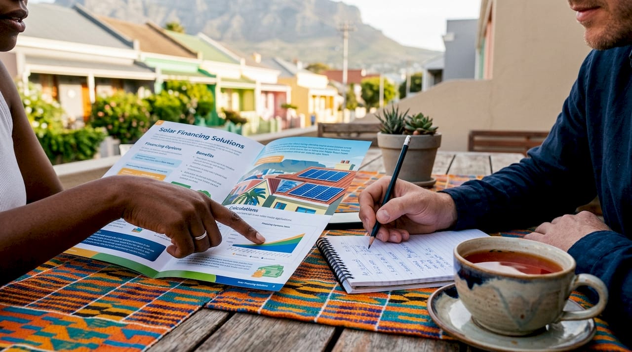 Hands pointing at solar finance documents in café