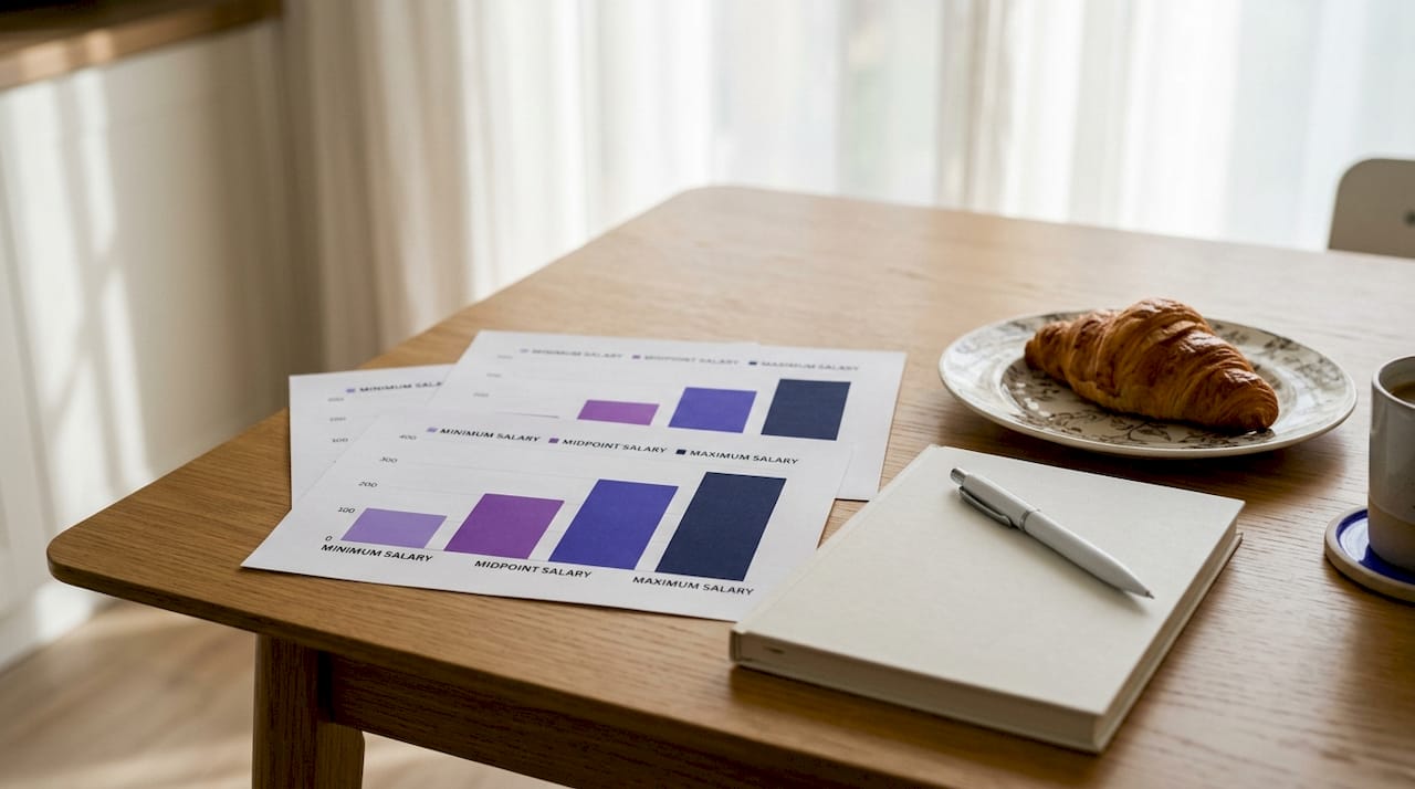 Overhead view of salary range charts on desk