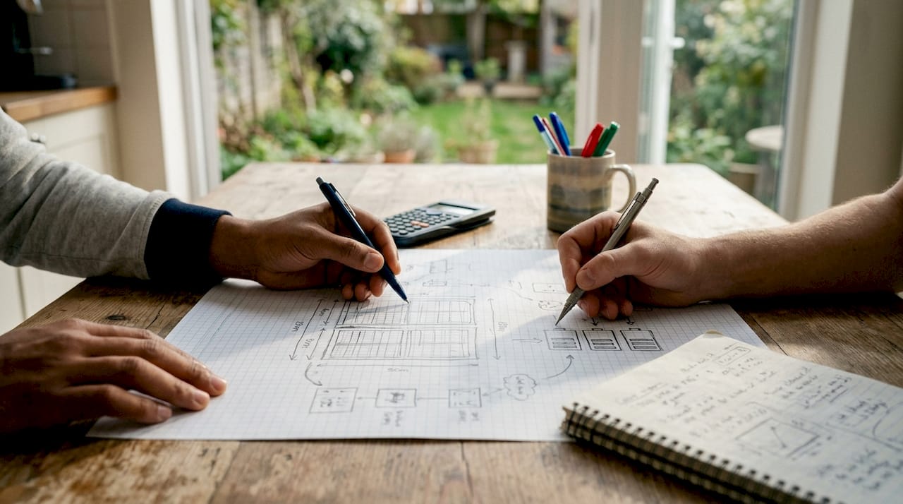 Hands planning solar system sizing on graph paper