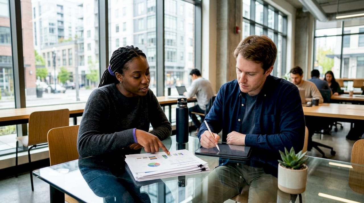 Two colleagues discussing Amazon L4 salary packages at office