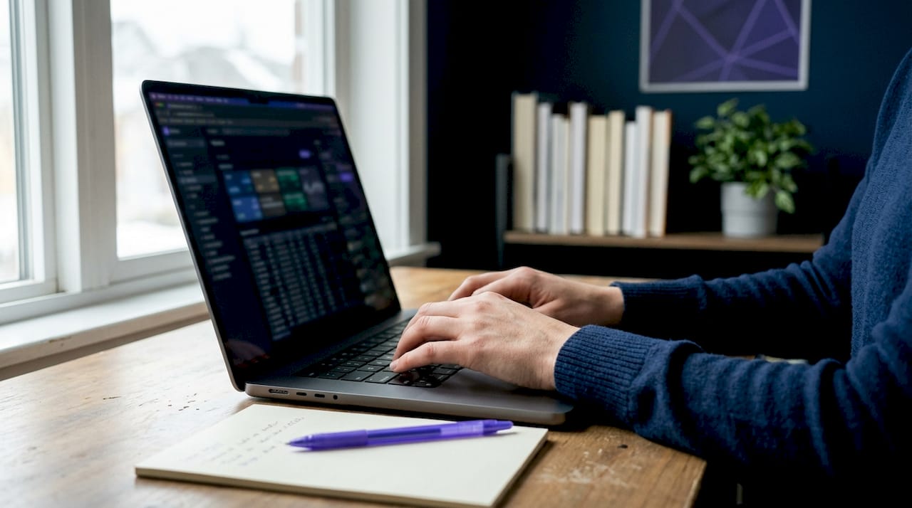 Financial analyst reviewing equity data on laptop