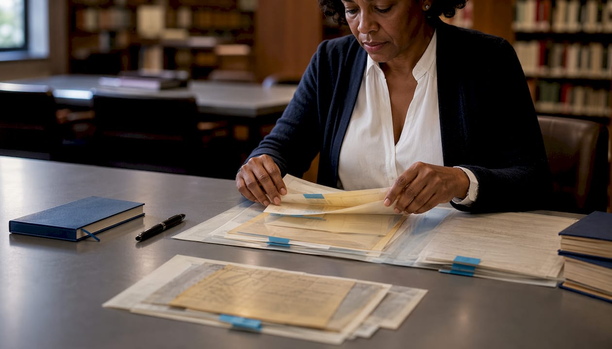 Researcher reviewing apartheid testimony documents