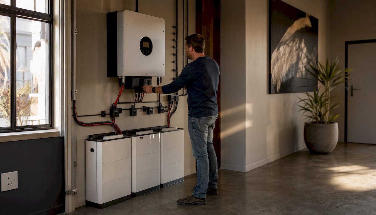 Hands adjusting Sunsynk hybrid inverter indoors
