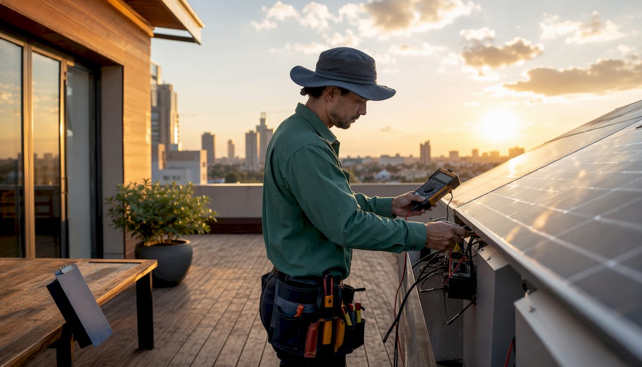Technician checking solar panel wiring on rooftop
