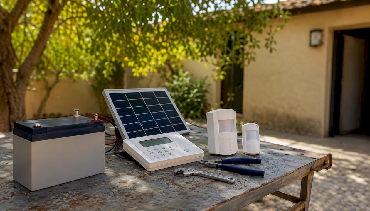 Solar alarm system components on workbench
