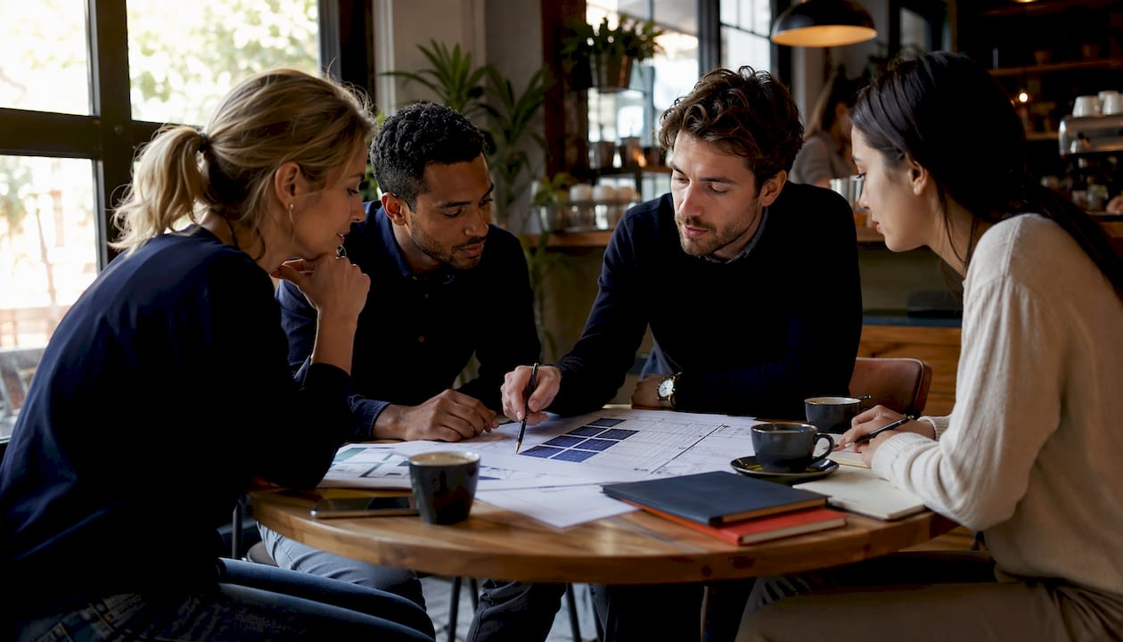 Team discussing solar system designs at table