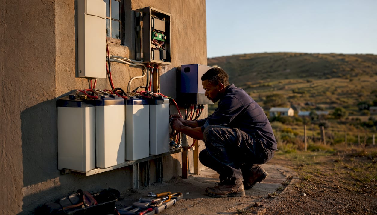 Technician installing off-grid solar system outdoors